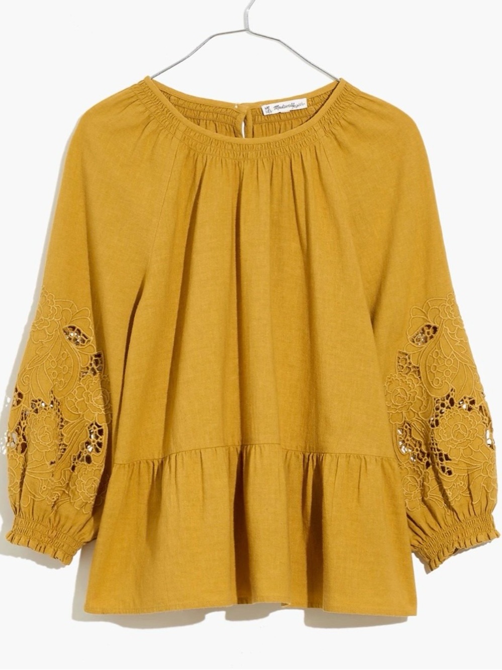 Madewell Eyelet Pepplum Women's Mustard Peasant Blouse Size XS - Picture 2 of 4